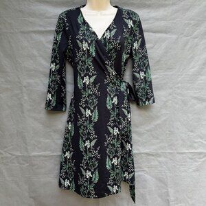 Persifor Size Small Green Black Botanical Plants Wrap Dress 3/4 Sleeve